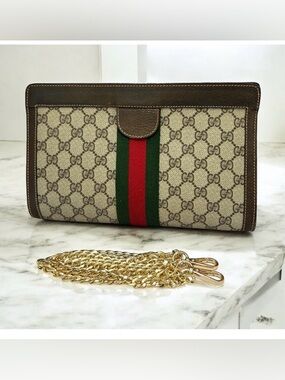 Vintage GUCCI Sherry Line Women’s Clutch Bag Brown,Beige, Green,Red Authentic